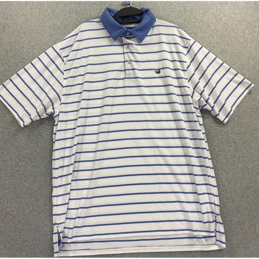 Southern Marsh Mens 2X White/Blue Striped Performance Polo Shirt Short Sleeve